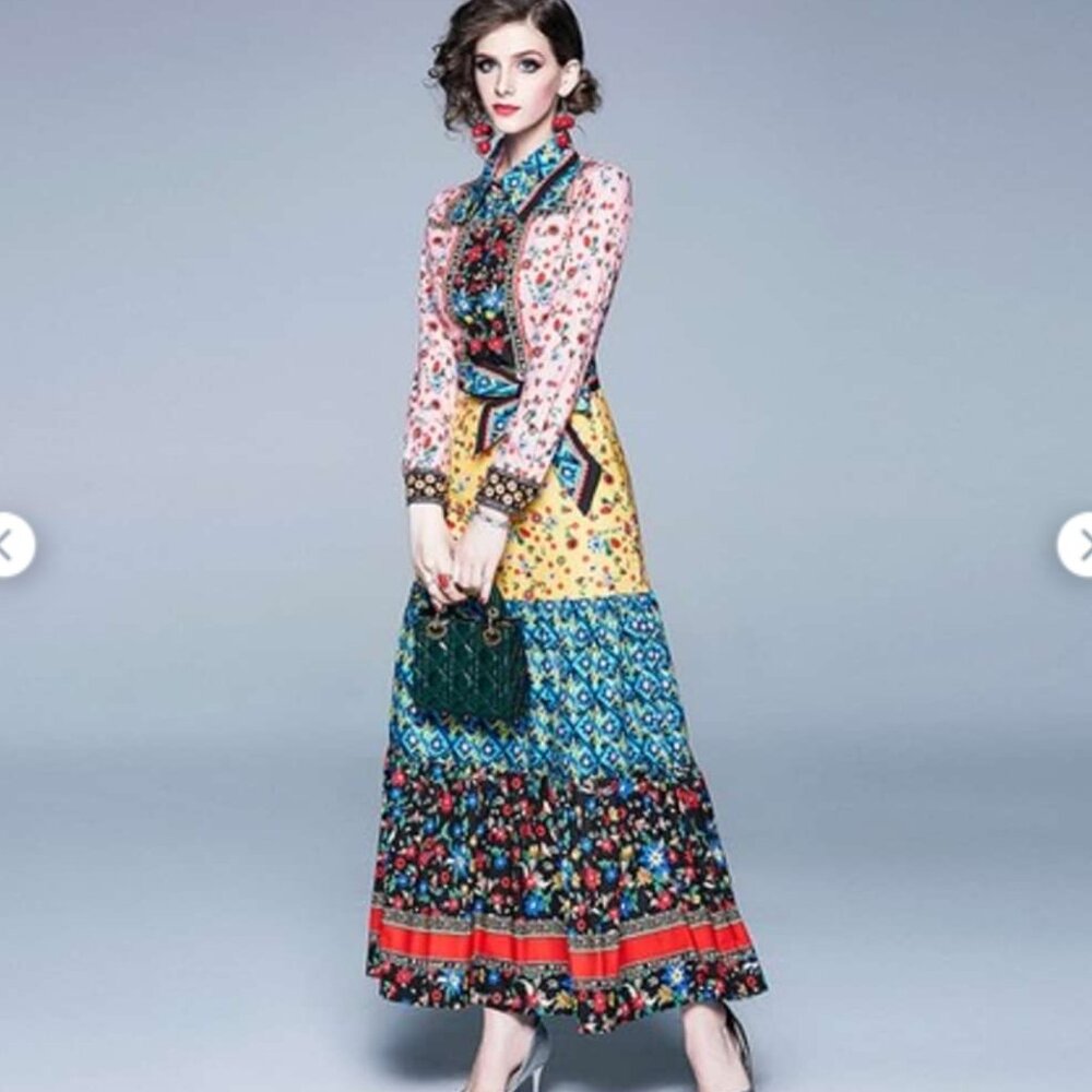 Pink and Yellow Mock Neck Maxi Dress with Bishop Sleeves